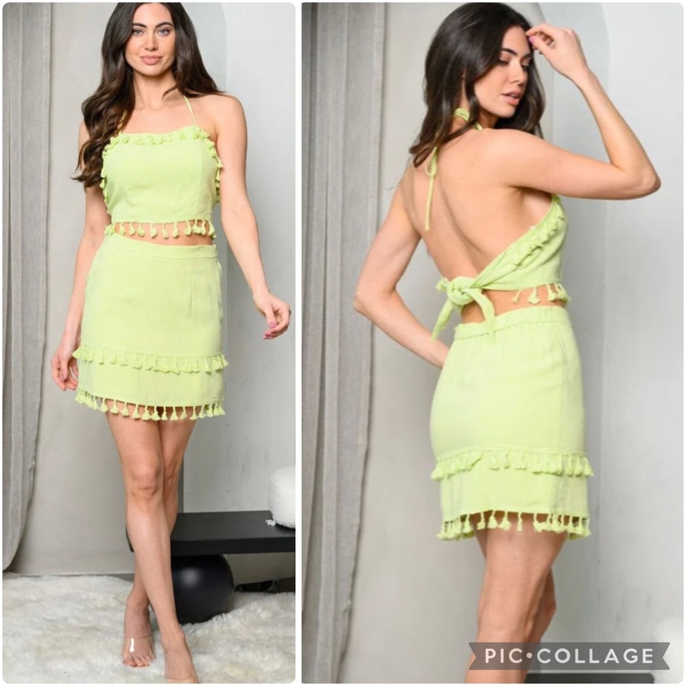 New Linen 2 Piece Skirt Halter Top Set Tassel Bright Mix of Yellow & Neon